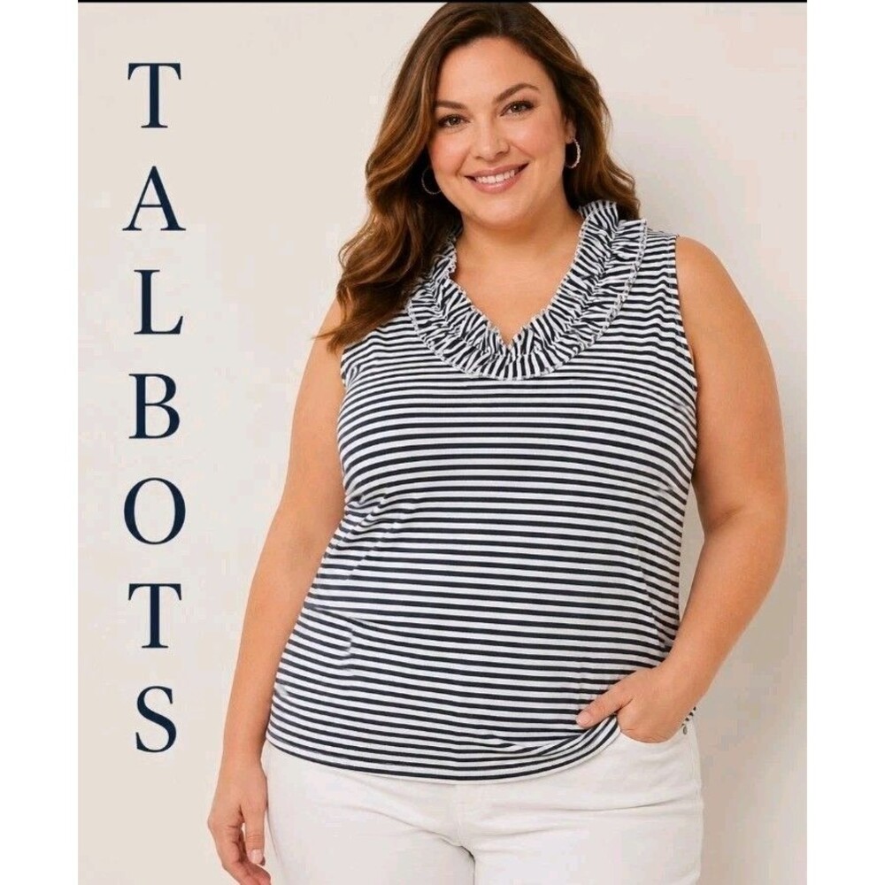TALBOTS Womens 1X V-Neck Ruffles Sleeveless Nautical Patriotic Stripes Navy Top